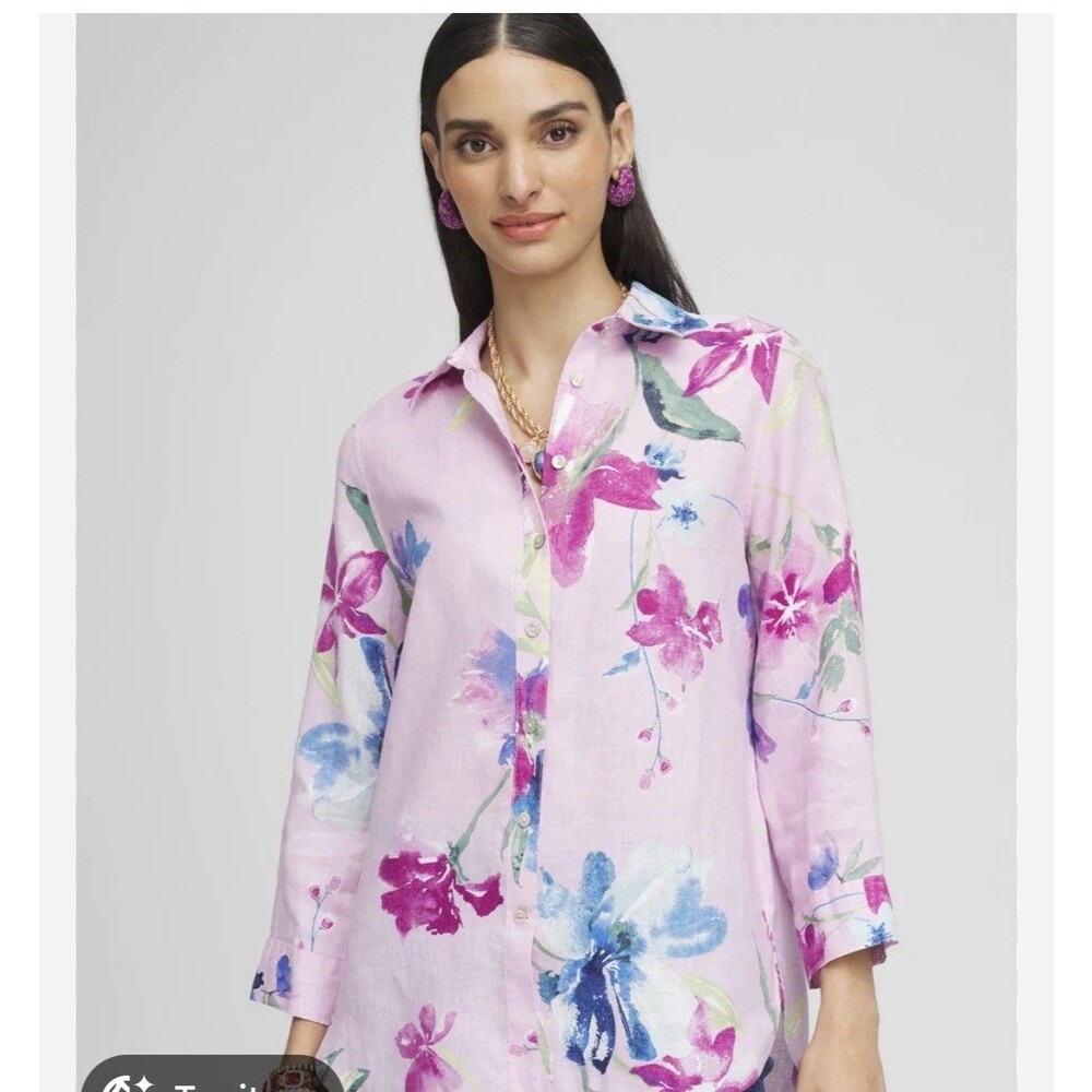 Chicos No Iron Floral Linen Shirt Size 2 12 Pink Watercolor Button Down